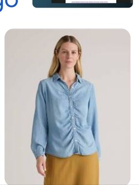 Quince Chambray Tencel Shirred Long Sleeve Indigo Blue Sz S NWT